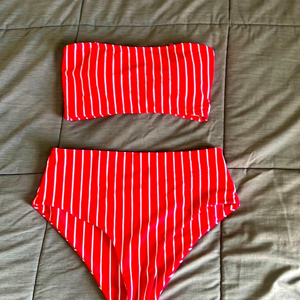Red pinstripe swimsuit
